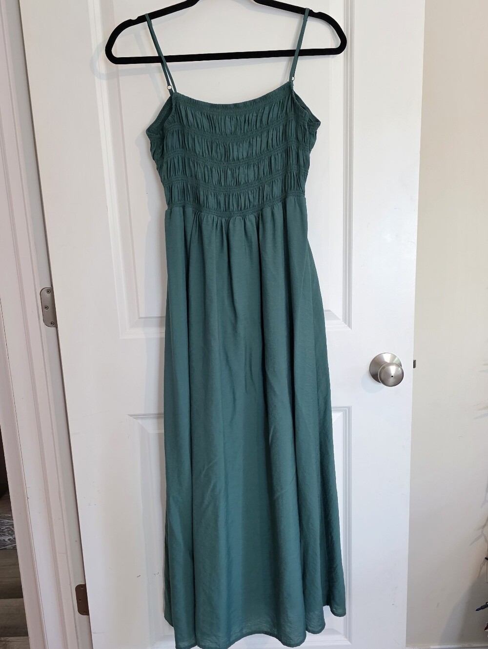 By The River Teal Green Smocked Lace Up Back Maxi Dress with Spaghetti Straps